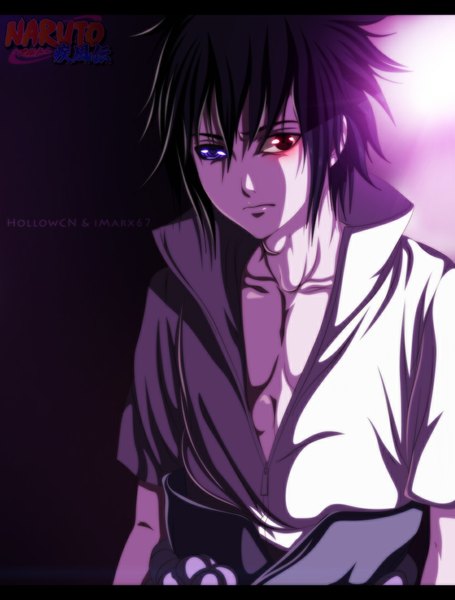 Anime picture 835x1100 with naruto studio pierrot naruto (series) uchiha sasuke eroishi single tall image short hair black hair red eyes purple eyes inscription heterochromia coloring light sharingan rinnegan boy shirt