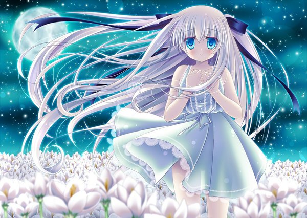 Anime picture 1166x828 with original mizuki yuuma single long hair looking at viewer blue eyes silver hair girl flower (flowers) ribbon (ribbons) hair ribbon sundress