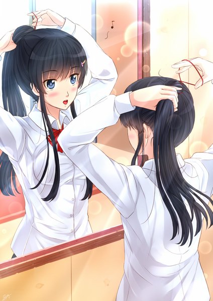 Anime picture 1446x2046 with original kazeno long hair tall image blush open mouth blue eyes black hair standing ponytail indoors lens flare adjusting hair reflection tying hair girl shirt bowtie hair tie mirror