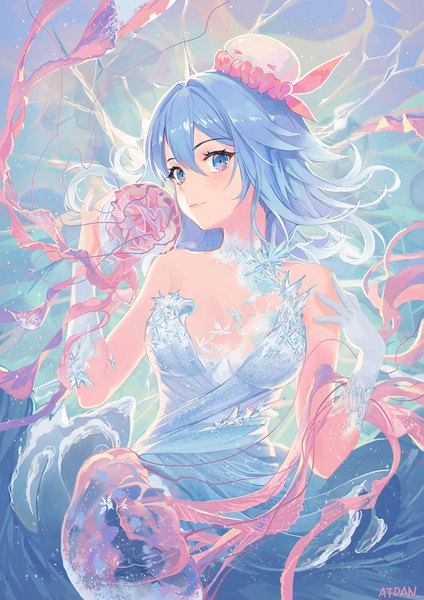 Anime-Bild 1151x1628 mit vocaloid synthesizer v haiyi atdan single long hair tall image looking at viewer blush fringe breasts blue eyes light erotic hair between eyes standing bare shoulders signed blue hair cleavage light smile