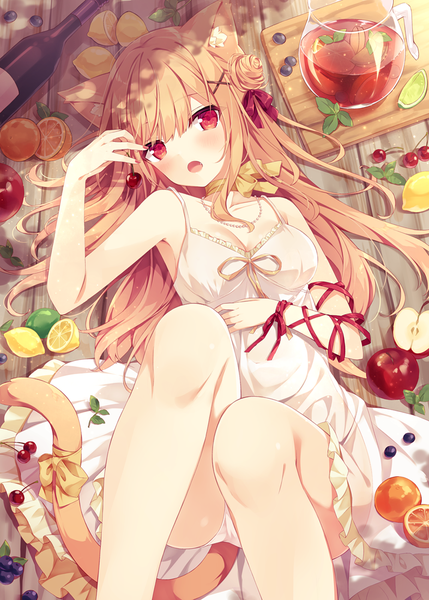 Anime picture 787x1100 with original hoshi (snacherubi) single long hair tall image looking at viewer blush fringe breasts open mouth light erotic hair between eyes red eyes bare shoulders holding animal ears payot cleavage bent knee (knees) tail