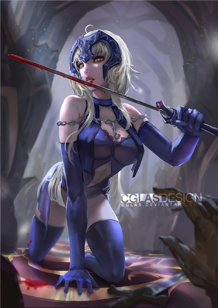 Anime picture 842x1191 with fate (series) fate/grand order jeanne d'arc (fate) (all) jeanne d'arc alter (fate) cglas long hair tall image looking at viewer breasts light erotic blonde hair large breasts bare shoulders holding signed cleavage ahoge indoors realistic orange eyes