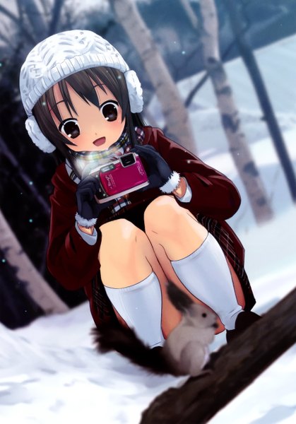 Anime picture 1888x2700 with houmitsu single tall image highres open mouth light erotic black hair brown eyes blurry depth of field snowing winter snow squat convenient censoring convenient leg girl gloves plant (plants) hat