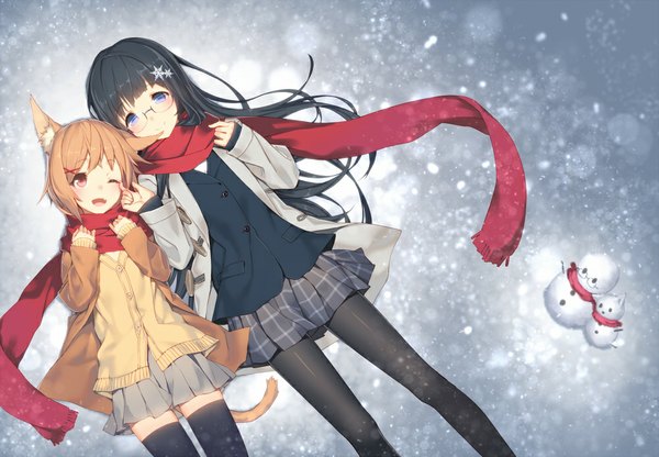 Anime picture 1000x694 with original ac (eshi) long hair looking at viewer short hair open mouth blue eyes black hair brown hair multiple girls brown eyes animal ears looking away tail lying one eye closed wink on back plaid skirt snowing