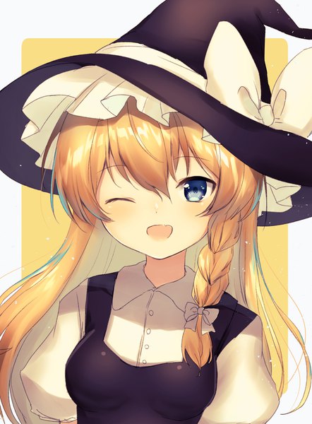 Anime picture 1609x2185 with touhou kirisame marisa nenobi (nenorium) single long hair tall image looking at viewer blush fringe open mouth blonde hair hair between eyes upper body braid (braids) one eye closed wink side braid girl bow hair bow