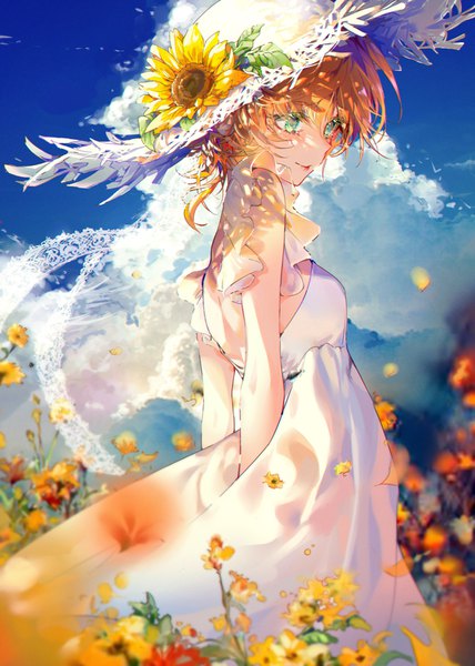 Anime picture 755x1057 with yakusoku no neverland cloverworks emma (yakusoku no neverland) kinokohime single tall image blush fringe short hair smile brown hair standing green eyes looking away sky cloud (clouds) outdoors blurry sleeveless hands behind back