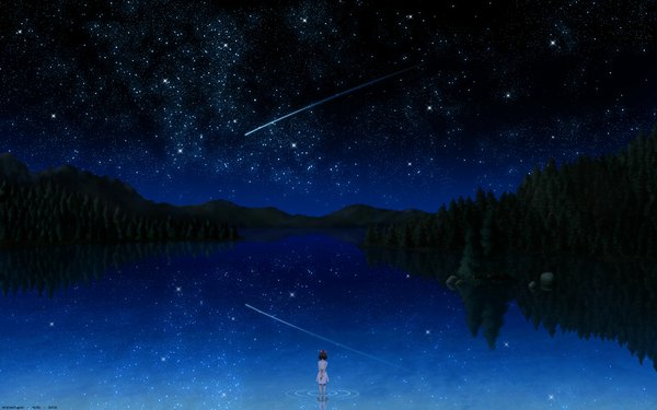 Anime picture 1920x1200 with darker than black studio bones bai (darker than black) single highres short hair brown hair wide image signed sky from behind night wallpaper night sky reflection mountain landscape scenic shooting star lake