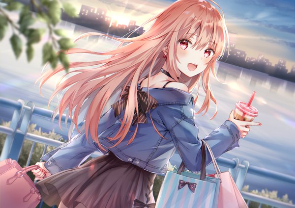 Anime picture 1100x779 with original higeneko single long hair looking at viewer blush fringe open mouth smile hair between eyes red eyes holding pink hair sky cloud (clouds) outdoors long sleeves nail polish :d looking back