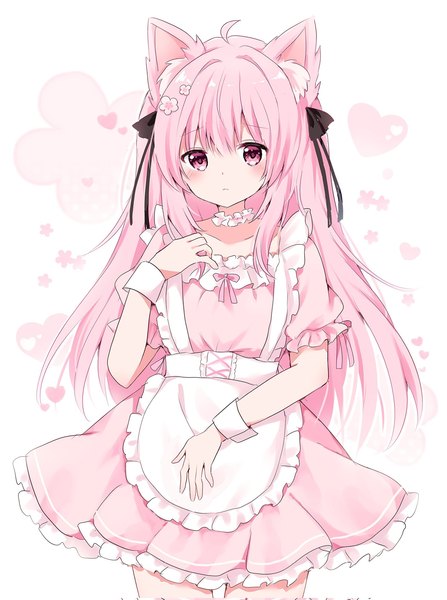 Anime picture 1525x2048 with original kokoshira 0510 single long hair tall image looking at viewer blush fringe simple background standing white background animal ears pink hair ahoge pink eyes arm up cat ears short sleeves cat girl frilled dress