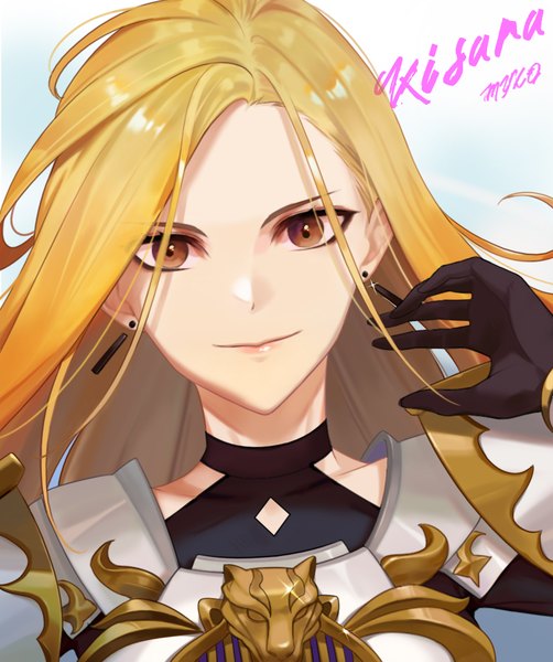 Anime picture 856x1024 with tales of (series) tales of arise kisara (tales) peach luo single long hair tall image looking at viewer blonde hair brown eyes upper body character names portrait girl gloves earrings black gloves