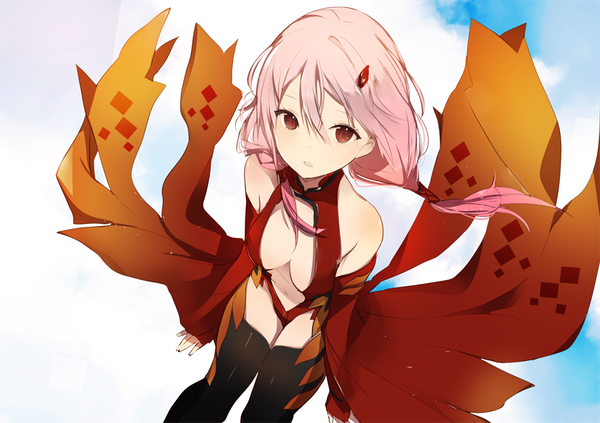Anime picture 1000x705 with guilty crown production i.g yuzuriha inori lpip single long hair looking at viewer blush fringe breasts open mouth light erotic hair between eyes red eyes large breasts sitting twintails bare shoulders pink hair sky
