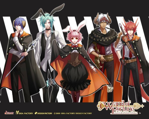 Anime picture 1690x1352 with wand of fortune idea factory lulu (wand of fortune) alvaro garay julius fortner lagi el nagil bilal faranbald usuba kagerou looking at viewer fringe blue eyes animal ears yellow eyes blue hair pink hair white hair red hair one eye closed horn (horns) wink