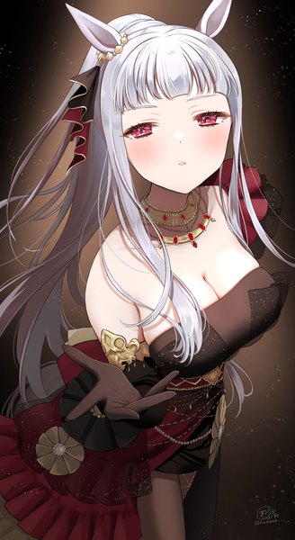 Anime picture 930x1700 with umamusume gold ship (umamusume) gold ship (la mode 564) (umamusume) masshirokachi single long hair tall image blush fringe breasts light erotic red eyes animal ears cleavage silver hair ponytail blunt bangs from above official alternate costume horse ears