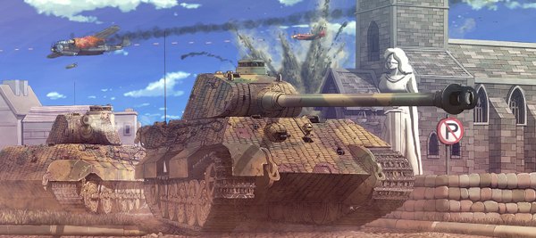 Anime picture 1500x668 with war thunder earasensha wide image sky cloud (clouds) war wwii weapon gun fire ground vehicle aircraft airplane tank caterpillar tracks yak-3p do217