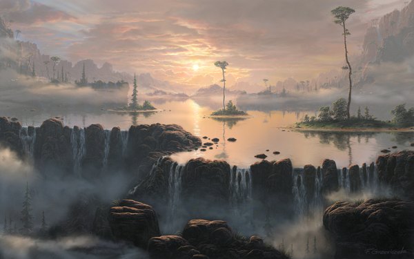 Anime picture 1680x1050 with original fel-x (artist) wide image sky cloud (clouds) sunlight wallpaper mountain no people landscape scenic river waterfall fog morning sunrise plant (plants) tree (trees) water sun