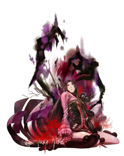 Anime picture 1194x1500 with sengoku basara production i.g oichi mikami single long hair tall image white background sitting purple hair kneeling girl flower (flowers) armor hands