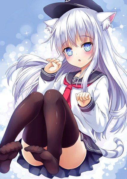 Anime picture 700x990 with kantai collection hibiki destroyer shimokirin single long hair tall image blush blue eyes light erotic animal ears looking away bent knee (knees) white hair tail parted lips animal tail pleated skirt cat ears :o cat girl