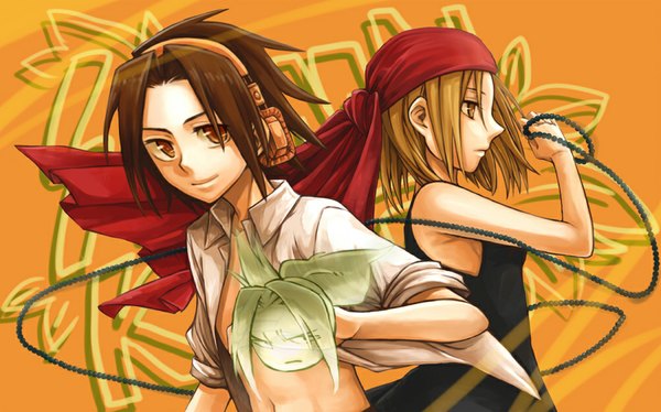 Anime picture 1024x639 with shaman king xebec asakura you kyouyama anna amidamaru mare (artist) short hair blonde hair smile brown hair wide image bare shoulders brown eyes yellow eyes profile open clothes twisty sleeves girl dress boy