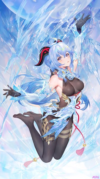 Anime picture 1406x2500 with genshin impact ganyu (genshin impact) atdan single long hair tall image looking at viewer fringe breasts light erotic hair between eyes purple eyes blue hair full body ahoge arm up horn (horns) no shoes magic low ponytail