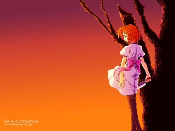 Anime picture 1280x960 with higurashi no naku koro ni studio deen ryuuguu rena single fringe short hair standing holding signed sky outdoors profile from behind orange hair inscription short sleeves puffy sleeves back evening girl