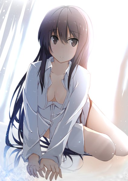 Anime picture 1020x1447 with original shirotaso0818 single long hair tall image blush light erotic brown hair sitting brown eyes looking away cleavage no bra partially open clothes backlighting girl shirt