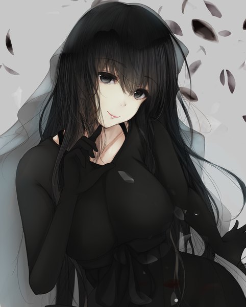 Anime picture 1205x1500 with original suzume (simple0091) single long hair tall image looking at viewer fringe breasts black hair simple background smile hair between eyes large breasts sitting upper body head tilt black eyes grey background dutch angle lipstick