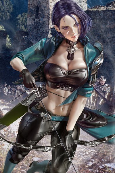 Anime picture 2339x3508 with fire emblem fire emblem: three houses nintendo shamir nevrand zumi (zumidraws) tall image blush fringe highres short hair breasts light erotic black hair large breasts standing purple eyes holding signed looking away outdoors