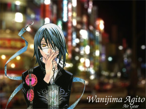 Anime picture 1280x960 with air gear toei animation wanijima agito looking at viewer short hair smile yellow eyes blue hair inscription wallpaper boy heart eyepatch