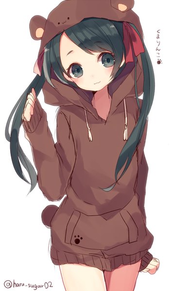 Anime picture 600x1021 with kantai collection mikuma heavy cruiser shugao single long hair tall image blush simple background white background twintails green eyes signed looking away green hair :3 girl ribbon (ribbons) hair ribbon hood hoodie