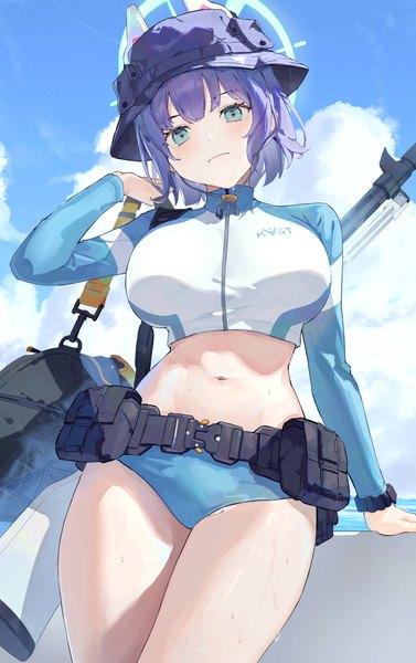 Anime picture 1872x2977 with blue archive saki (blue archive) saki (swimsuit) (blue archive) nihnfinite8 single tall image looking at viewer highres short hair light erotic sky purple hair cloud (clouds) outdoors aqua eyes arm support from below official alternate costume girl swimsuit
