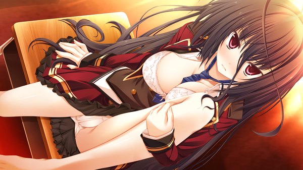 Anime picture 1280x720 with otome wa karen ni koi ni mai! kiryuu erika suien single long hair looking at viewer blush breasts light erotic black hair red eyes wide image large breasts sitting game cg cleavage barefoot from above dutch angle spread legs