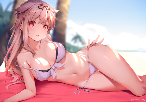 Anime-Bild 2381x1670 mit kantai collection yuudachi destroyer nyum single long hair looking at viewer blush fringe highres breasts open mouth light erotic blonde hair hair between eyes red eyes large breasts signed sky cleavage cloud (clouds)