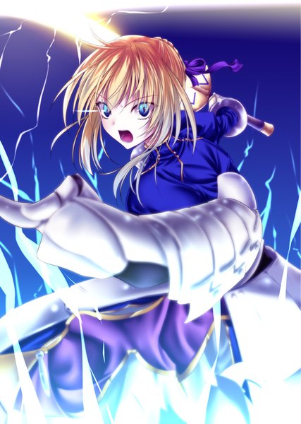 Anime picture 711x1000 with fate (series) fate/stay night artoria pendragon (all) saber akeyama kitsune single tall image looking at viewer fringe short hair open mouth blue eyes simple background blonde hair standing ahoge braid (braids) glowing electricity glowing weapon