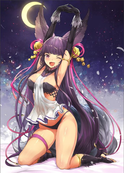 Anime picture 1166x1628 with granblue fantasy yuel (granblue fantasy) crystal shoujo single tall image looking at viewer blush fringe breasts open mouth light erotic smile large breasts purple eyes animal ears purple hair full body blunt bangs very long hair one eye closed