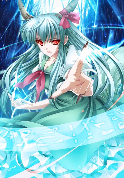 Anime picture 1192x1700 with touhou kamishirasawa keine ex-keine moneti (daifuku) single long hair tall image open mouth red eyes twintails horn (horns) fingernails aqua hair long fingernails girl dress