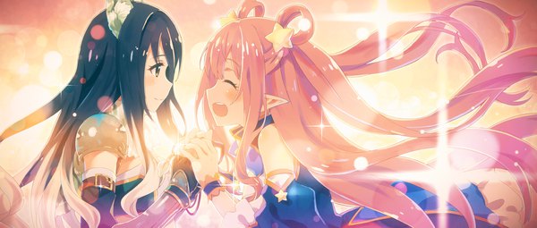 Anime picture 1920x817 with princess connect! re:dive princess connect! hatsune (princess connect!) shiori (princess connect!) yuuki tatsuya long hair blush fringe highres black hair smile hair between eyes wide image multiple girls animal ears yellow eyes pink hair upper body eyes closed profile