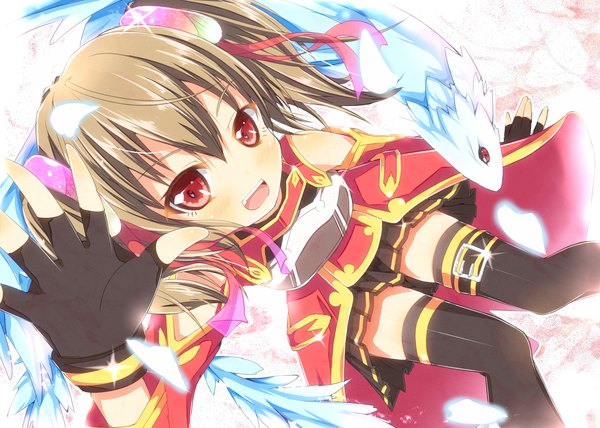 Anime picture 1242x888 with sword art online a-1 pictures silica pina (sao) blush short hair open mouth red eyes brown hair twintails short twintails girl thighhighs skirt black thighhighs miniskirt fingerless gloves dragon