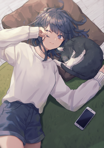 Anime picture 1600x2281 with original saino (sainoomisaki) single tall image looking at viewer fringe short hair black hair smile purple eyes indoors lying long sleeves parted lips one eye closed from above sleeves past wrists on side denim waking up