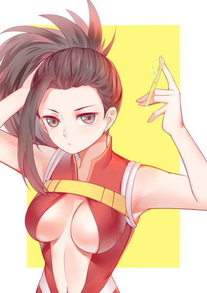 Anime picture 2480x3507 with boku no hero academia studio bones yaoyorozu momo qie0909 single long hair tall image highres breasts light erotic black hair upper body black eyes no bra armpit (armpits) adjusting hair yellow background tying hair girl hair tie