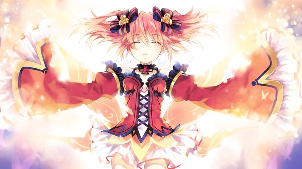 Anime picture 1280x720 with fairy fencer f eryn (fairy fencer f) tsunako single short hair open mouth wide image twintails bare shoulders pink hair game cg eyes closed long sleeves short twintails girl dress hair ornament wings choker insect