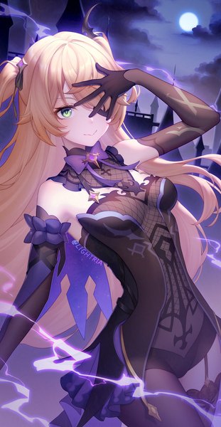 Anime picture 967x1868 with genshin impact fischl (genshin impact) lightria single long hair tall image looking at viewer fringe breasts light erotic blonde hair smile bare shoulders green eyes signed payot arm up hair over one eye night two side up
