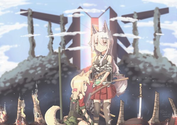 Anime picture 3508x2480 with original hinbackc long hair fringe highres blue eyes blonde hair hair between eyes red eyes standing sitting multiple girls holding signed animal ears absurdres sky silver hair cloud (clouds) outdoors