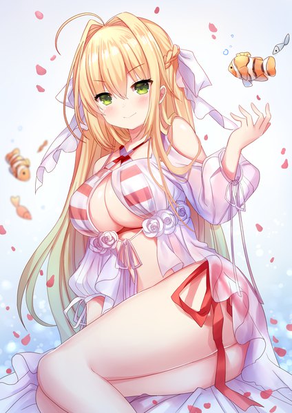 Anime picture 1535x2171 with fate (series) fate/grand order nero claudius (fate) (all) nero claudius (swimsuit caster) (fate) hina gyuunyuu single long hair tall image looking at viewer fringe breasts light erotic simple background blonde hair smile hair between eyes large breasts white background sitting green eyes