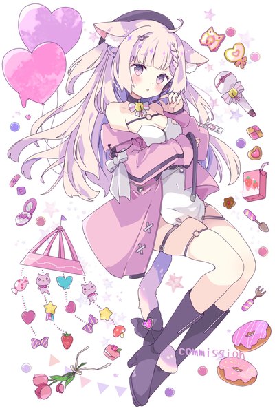 Anime picture 2027x3044 with original tsukiyo (skymint) single long hair tall image blush highres open mouth simple background white background purple eyes animal ears looking away ahoge bent knee (knees) white hair tail braid (braids) animal tail arm up