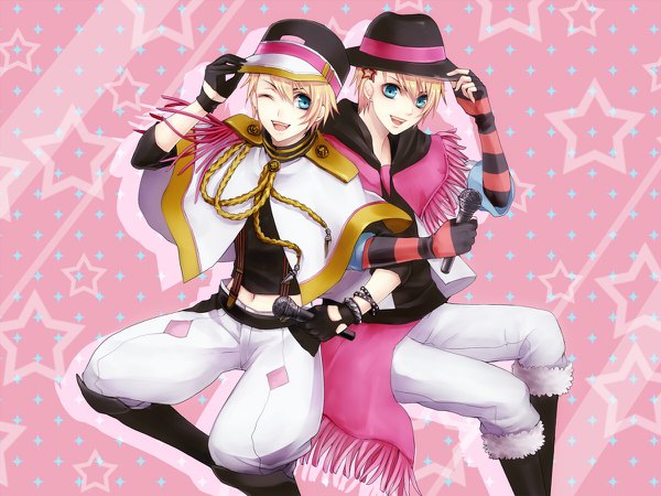 Anime picture 1200x900 with uta no prince-sama a-1 pictures kurusu shou yamaneko514 short hair open mouth blue eyes blonde hair :d one eye closed wink multiple boys pink background ;d adjusting hat dual persona boy gloves hat black gloves