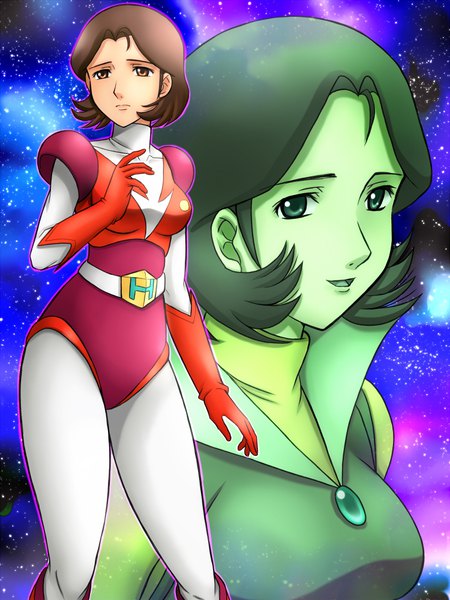 Anime picture 750x1000 with ufo robo grendizer makiba hikaru fujii satoshi tall image looking at viewer short hair breasts open mouth smile brown hair standing brown eyes multiview space girl gloves bodysuit red gloves pilot suit