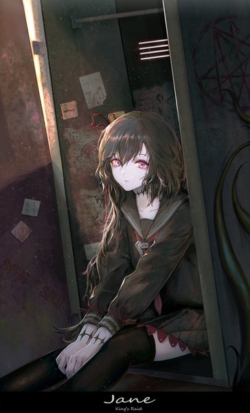 Anime picture 1200x1976 with king's raid jane (king's raid) czcz12321 single long hair tall image looking at viewer fringe black hair hair between eyes sitting purple eyes indoors text scar english dust drawing locker room girl