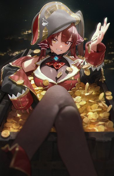 Anime picture 3018x4638 with virtual youtuber hololive houshou marine houshou marine (1st costume) modare single long hair tall image looking at viewer fringe highres breasts smile red eyes large breasts sitting twintails yellow eyes absurdres red hair