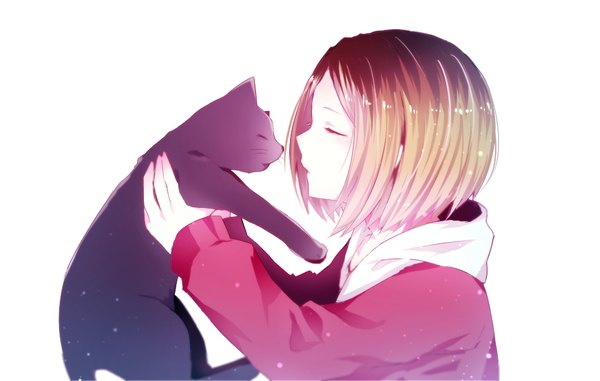 Anime picture 946x601 with haikyuu!! production i.g kozume kenma nana colors single short hair simple background blonde hair white background holding upper body eyes closed profile multicolored hair two-tone hair boy animal cat