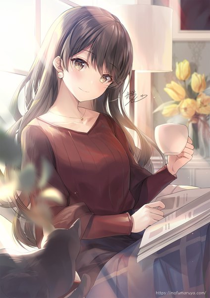 Anime picture 1768x2500 with original kagachi saku single long hair tall image looking at viewer blush fringe highres smile brown hair holding brown eyes signed indoors long sleeves sunlight girl flower (flowers) earrings